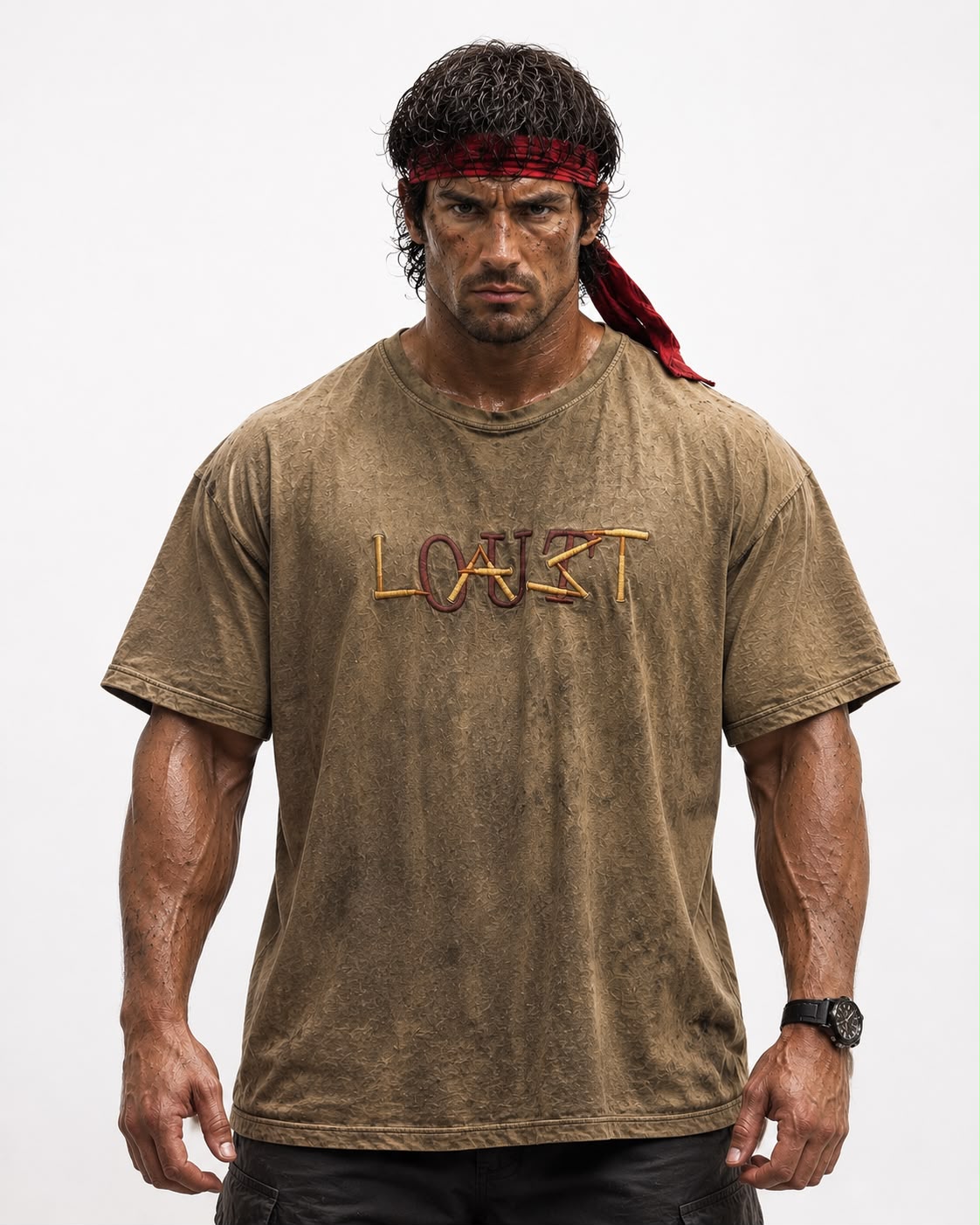 Outlast X Rambo khaki oversized tee, front view