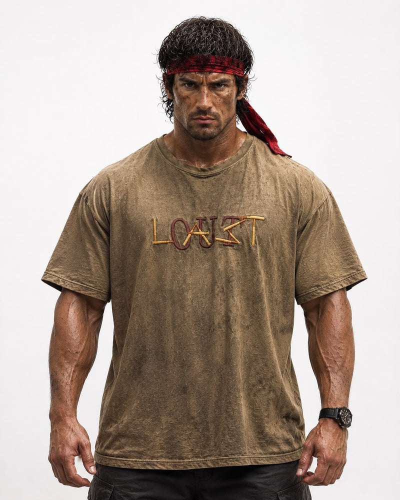 Outlast X Rambo khaki oversized tee, front view