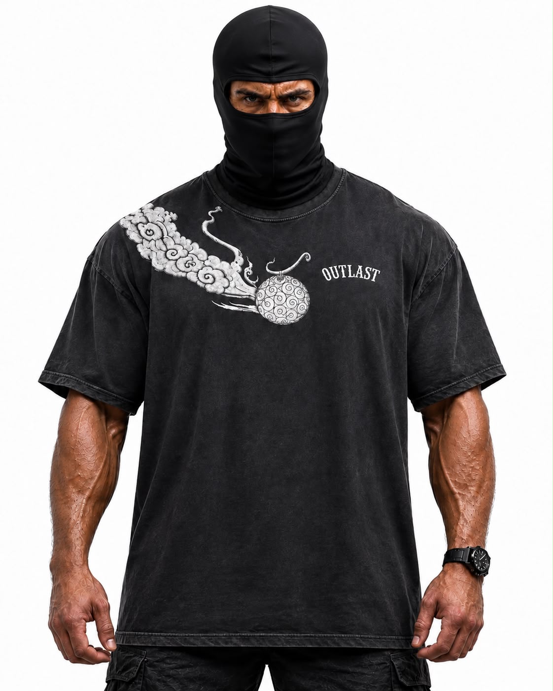 Outlast X One Piece black oversized tee, front view with smoke and orb graphic