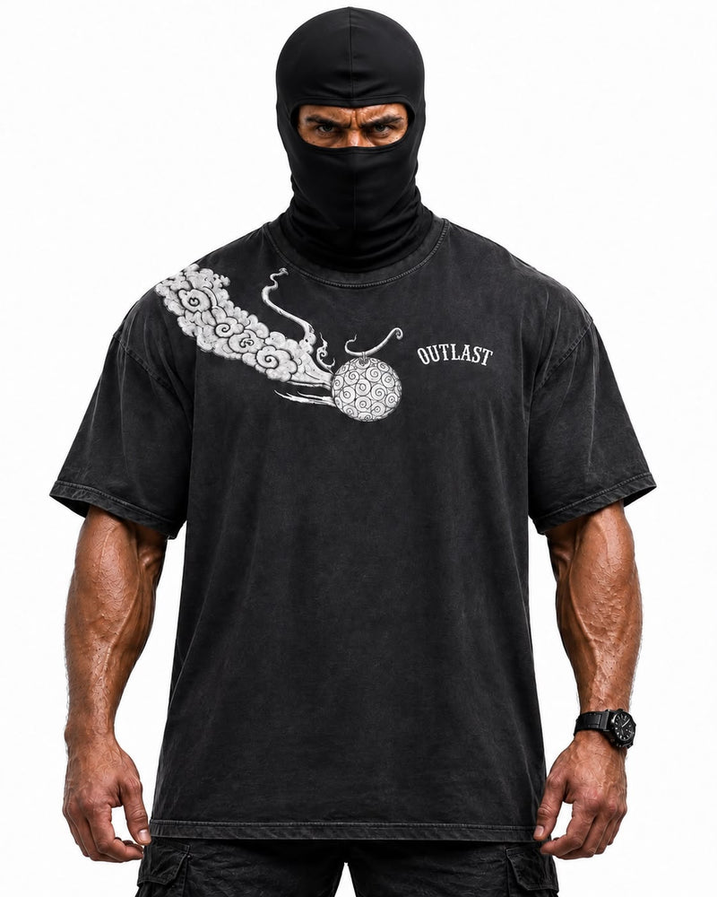 Outlast X One Piece black oversized tee, front view with smoke and orb graphic