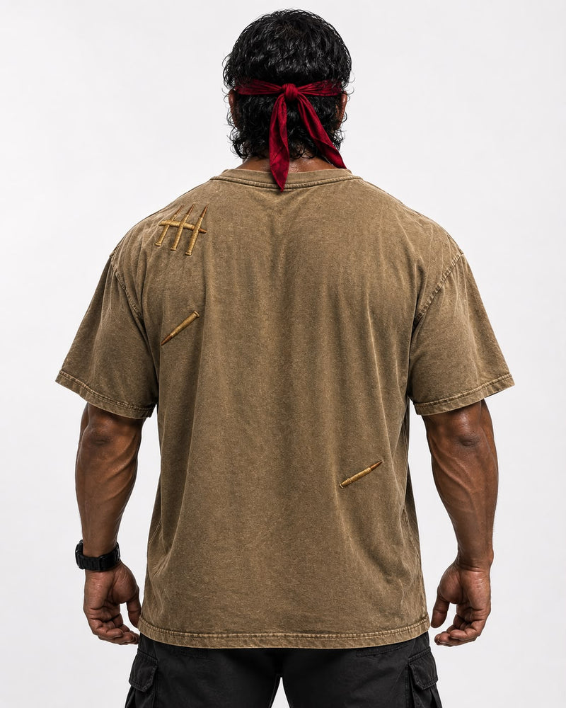 Outlast X Rambo tee, bullet-casing embroidered wordmark detail