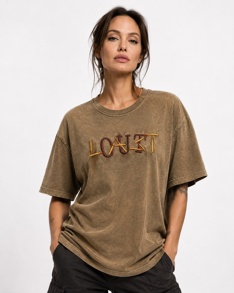 Outlast X Rambo khaki oversized tee, back view with tally mark embroidery